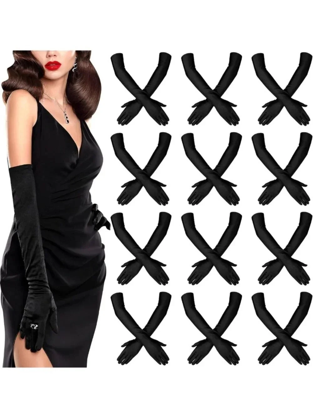 Elegant Long Satin Gloves for Women - 12 Pairs Elbow Opera Costume Formal Wear